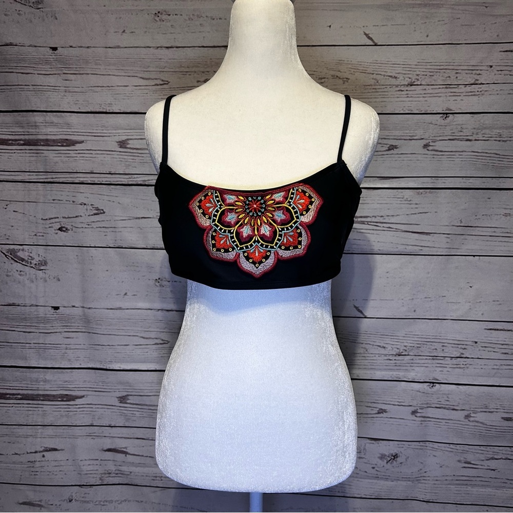 Mae Bikini Top XL (16–18) | Black Swimsuit Top with Colorful Embroidered - Picture 1 of 5